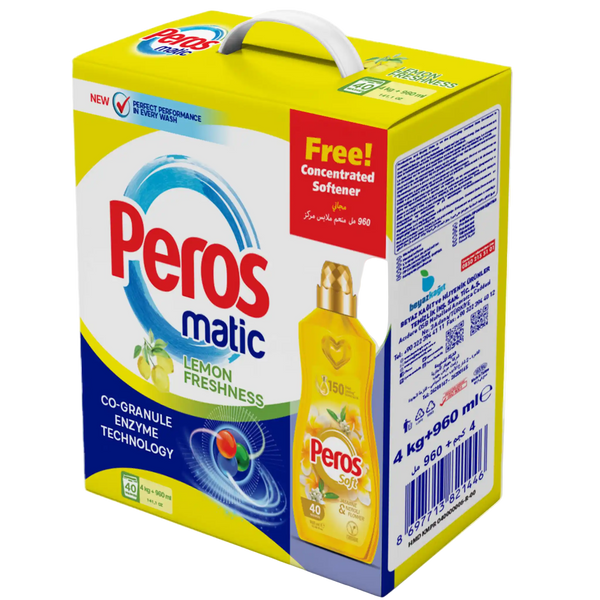 Peros matic laundry detergent packaging with lemon freshness flavor on a white background