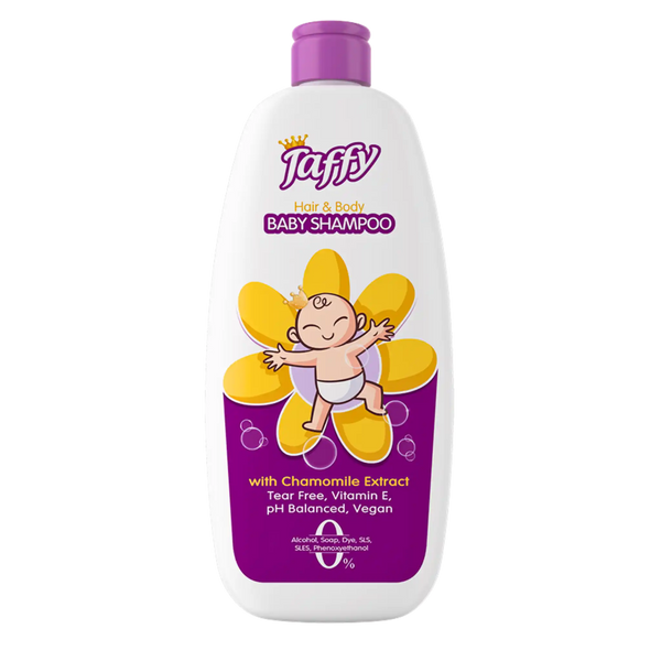 Taffy baby shampoo bottle with purple and yellow design on a white background