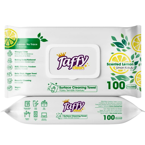 Two packages of Taffy Clean surface cleaning towels with lemon scent on a white background.