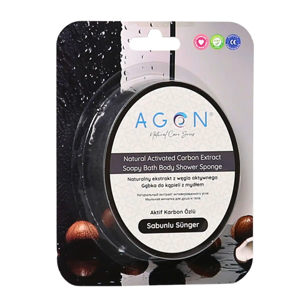 AGON soapy bath body shower sponge packaging with visible branding and product details.