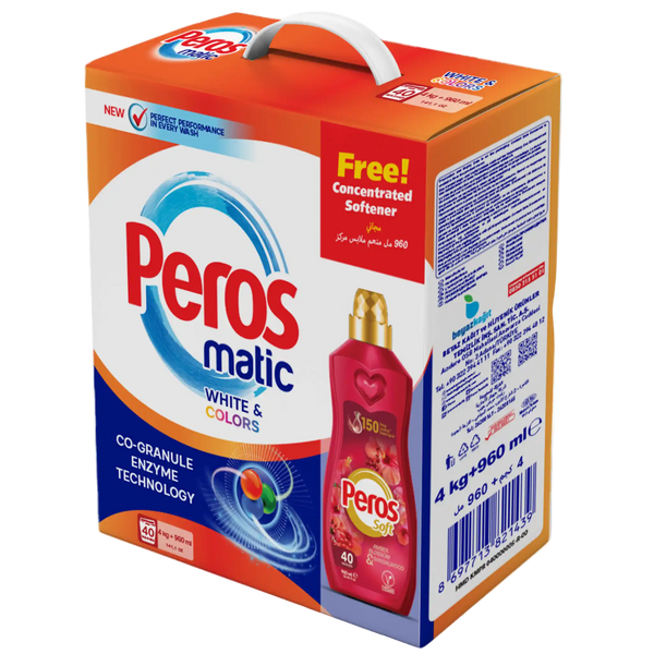 Peros matic laundry detergent packaging with a free softener offer on a white background