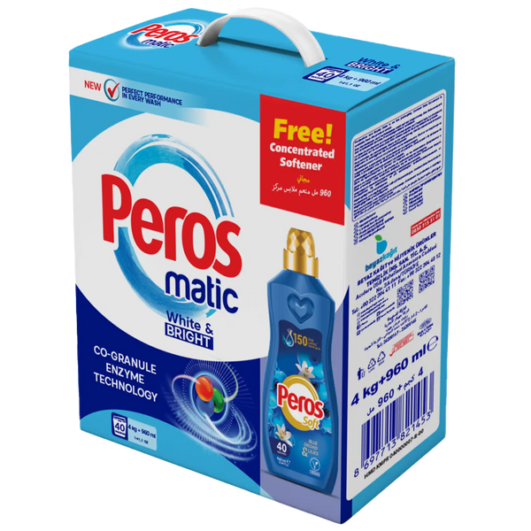 Peros matic laundry detergent packaging with softener offer on a white background