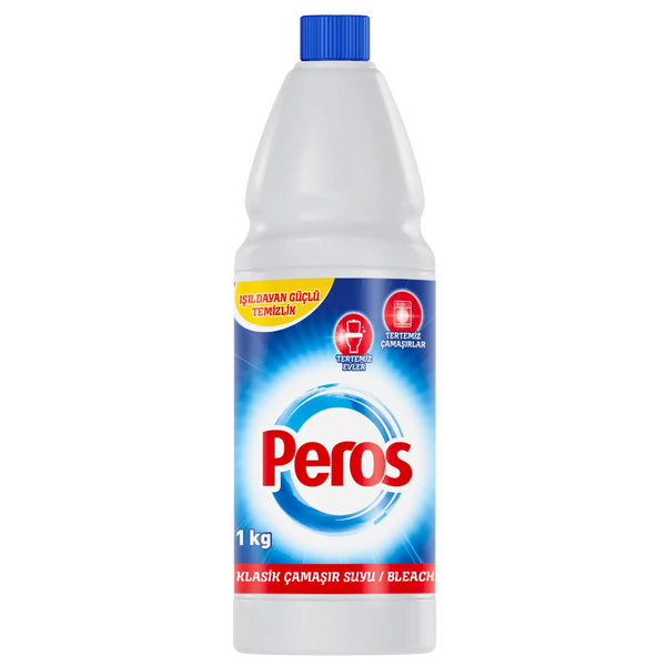 Bottle of Peros bleach with blue cap on a white background