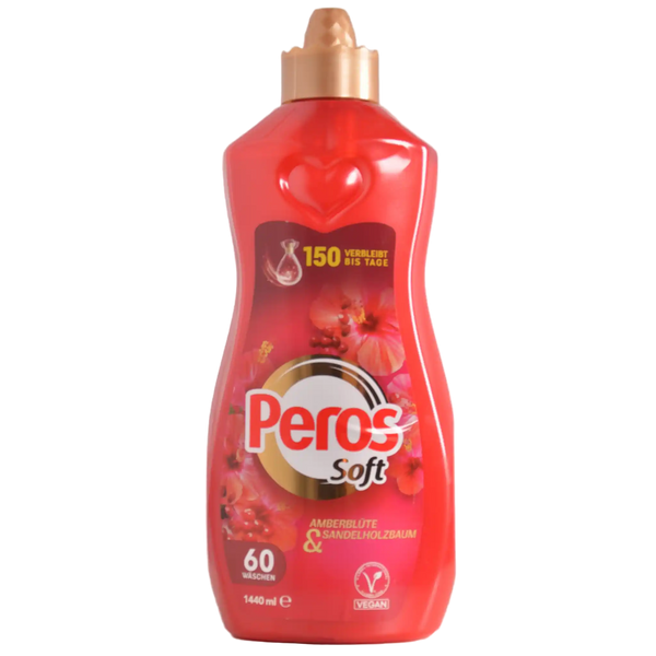 Red bottle of Peros Soft laundry detergent on a white background