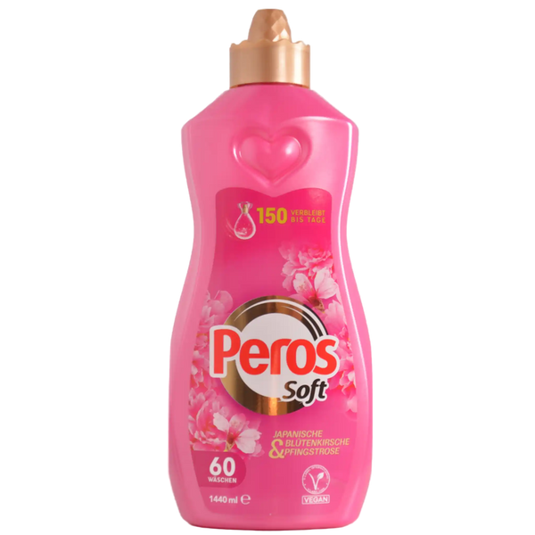 Pink bottle of Peros Soft fabric softener on a white background