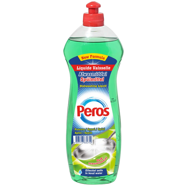Bottle of Peros dishwashing liquid with a red cap on a white background