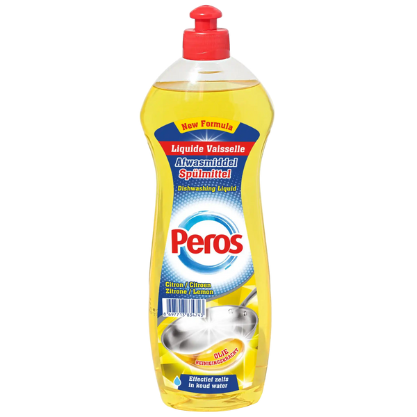 Yellow bottle of Peros dishwashing liquid with a red cap on a white background