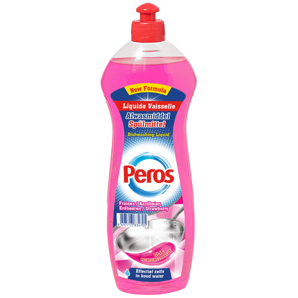 Pink dishwashing liquid bottle with red cap on a white background