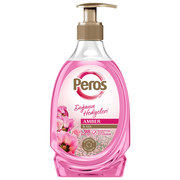 Pink bottle of Peros soap with floral design on a white background