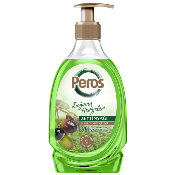 Green bottle of Peros dish soap with olive and bergamot design on a white background