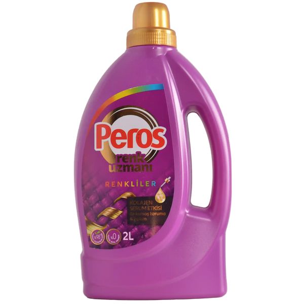 Purple bottle of Peros laundry detergent with gold cap on a white background