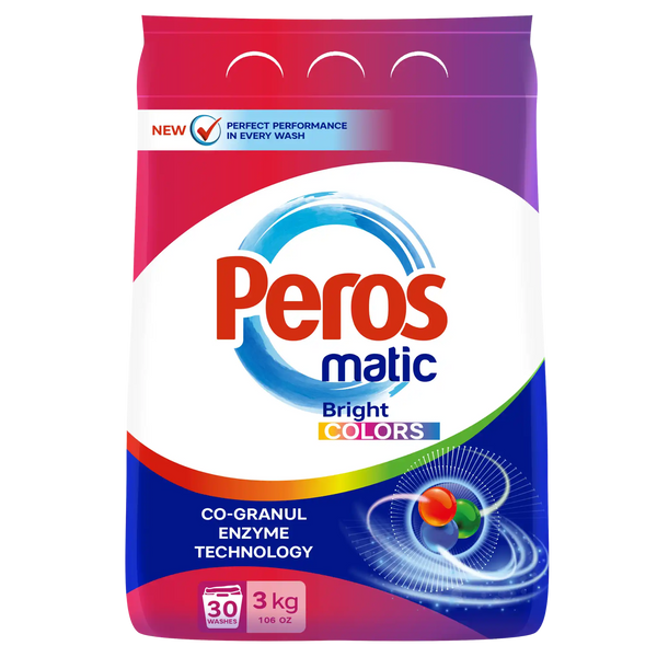 Perosmatic laundry detergent packaging with colorful design on a white background