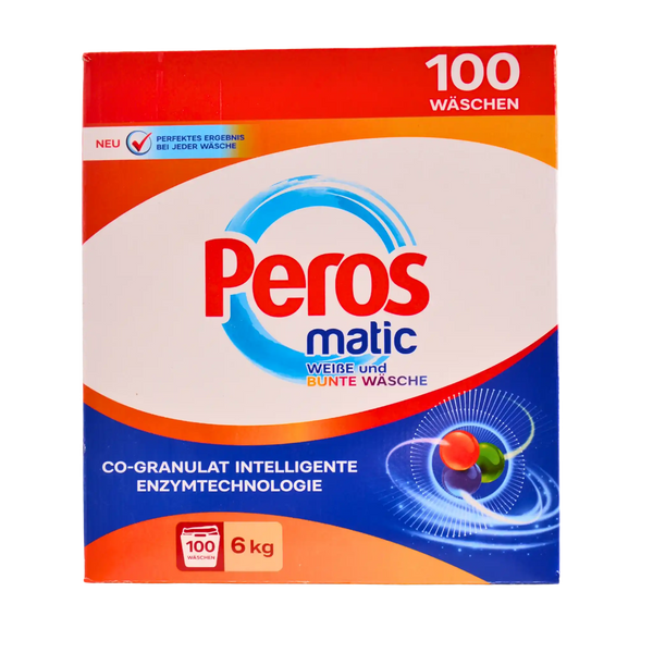 Peros matic laundry detergent packaging on a white background