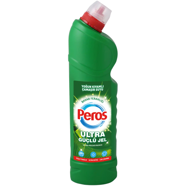 Green bottle of Peros cleaning gel with a red cap on a white background