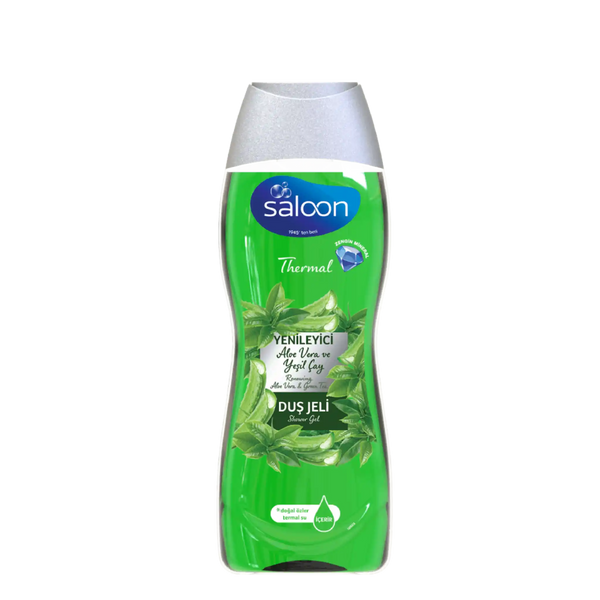 Green bottle of Saloon shower gel with a white cap on a white background