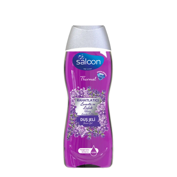 Saloon bath gel bottle with purple label on a white background